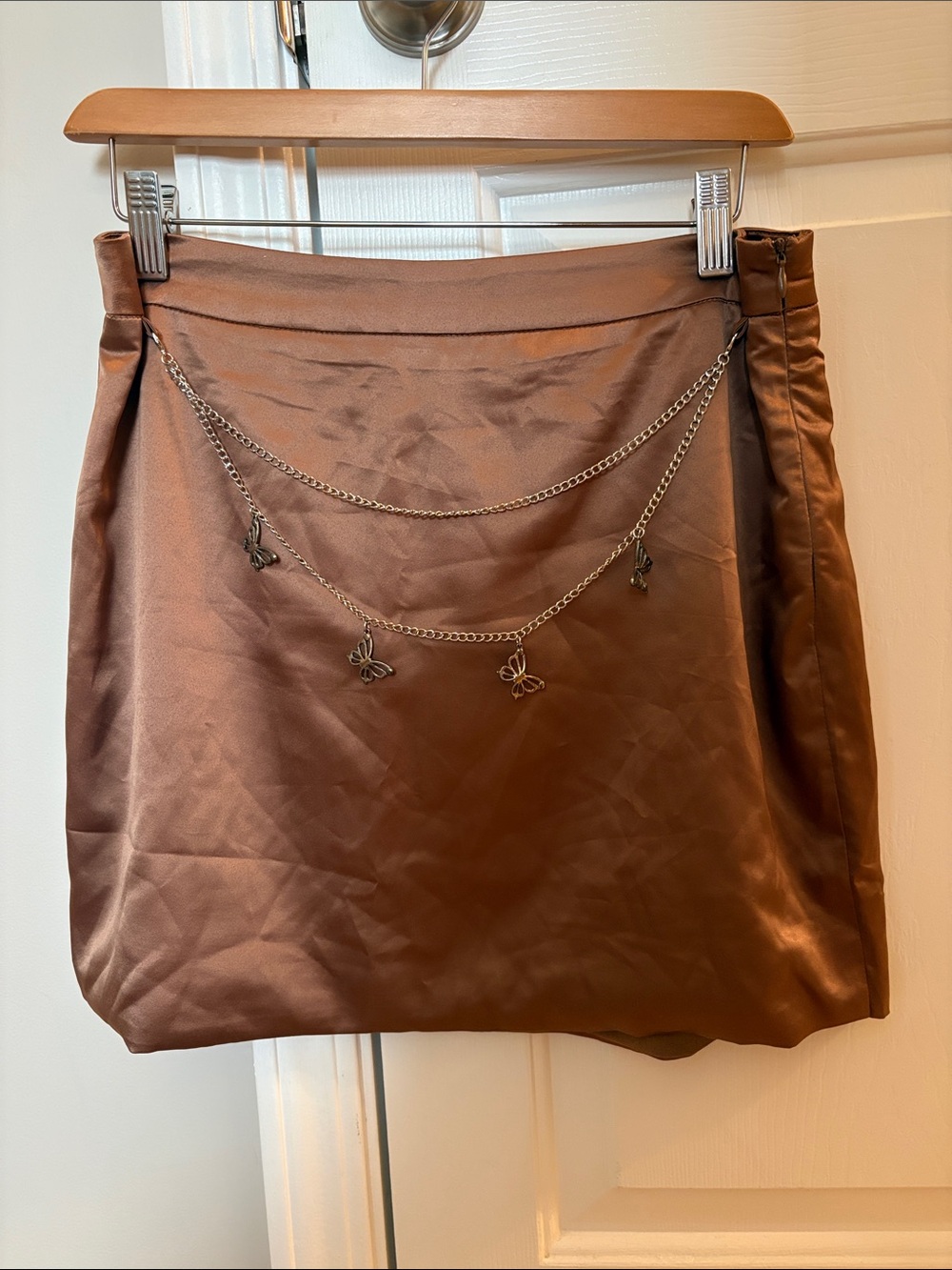 Satin Mini Skirt in Brown with Decorative Butterfly Chain